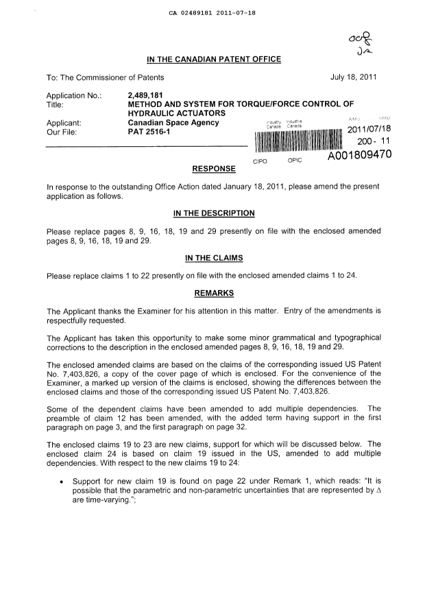 Document de brevet canadien 2489181. Poursuite-Amendment 20110718. Image 1 de 16