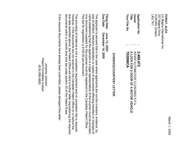 Document de brevet canadien 2489472. Correspondance 20050224. Image 1 de 1