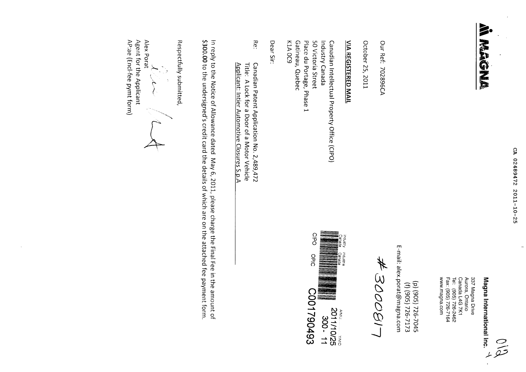 Document de brevet canadien 2489472. Correspondance 20111025. Image 1 de 1