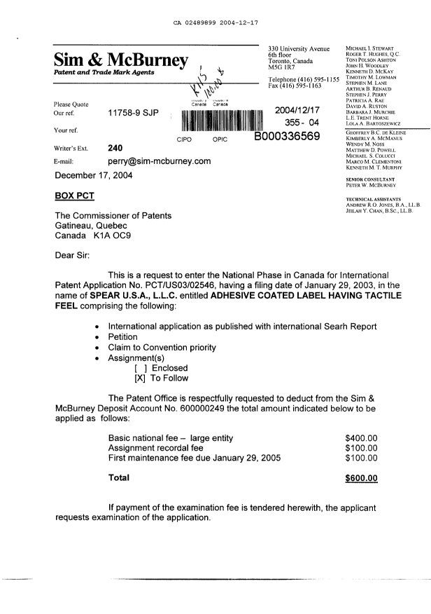 Document de brevet canadien 2489899. Cession 20041217. Image 1 de 3