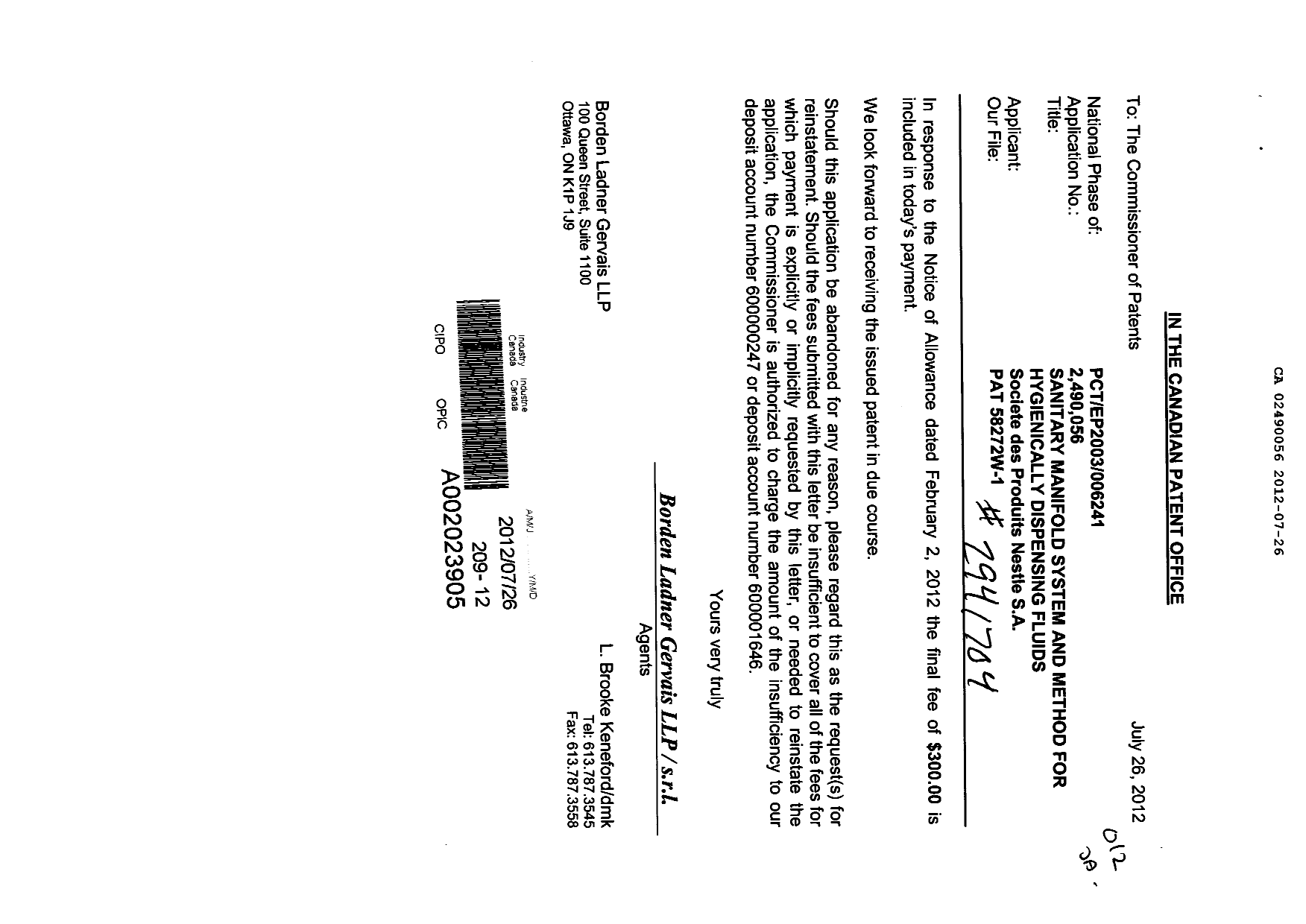 Canadian Patent Document 2490056. Correspondence 20120726. Image 1 of 1
