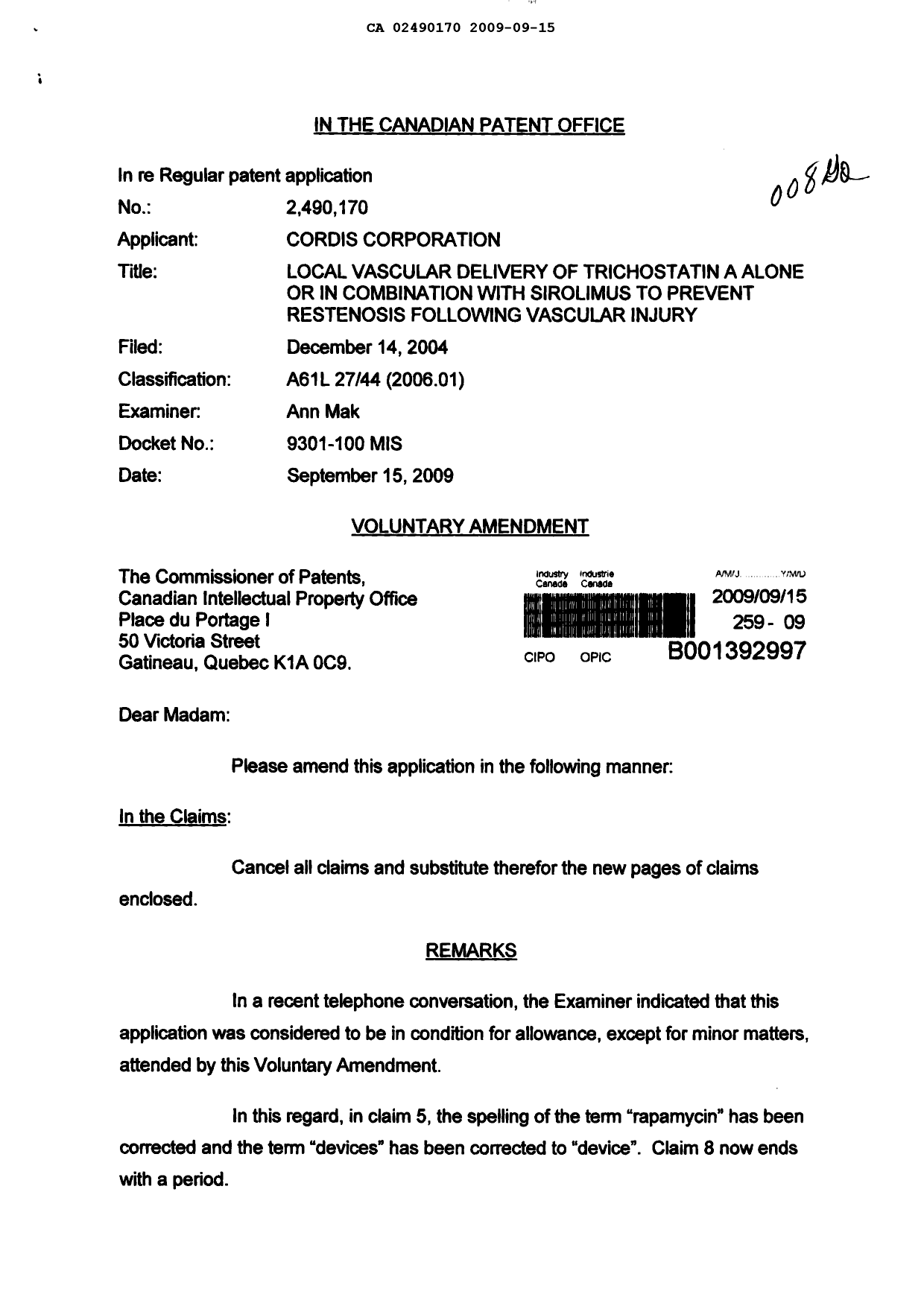 Document de brevet canadien 2490170. Poursuite-Amendment 20081215. Image 1 de 4