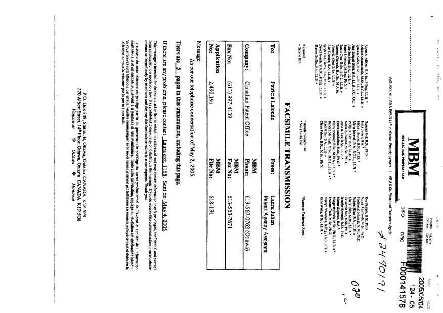 Document de brevet canadien 2490191. Correspondance 20041204. Image 1 de 5