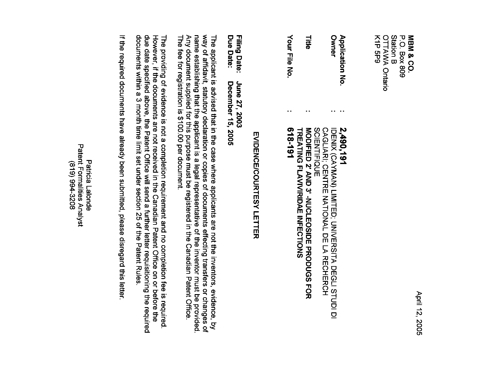 Document de brevet canadien 2490191. Correspondance 20041206. Image 1 de 1