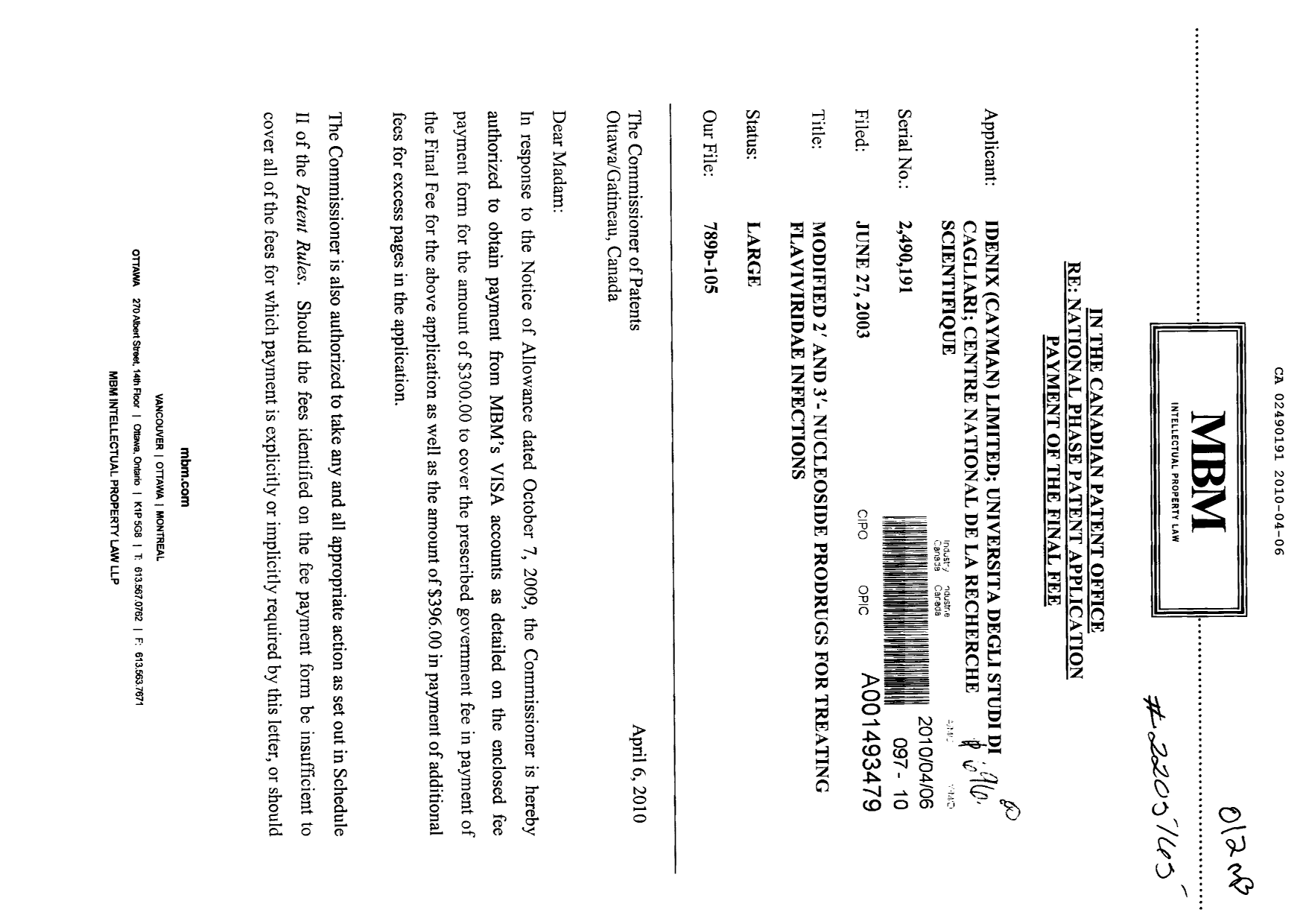 Document de brevet canadien 2490191. Correspondance 20091206. Image 1 de 2
