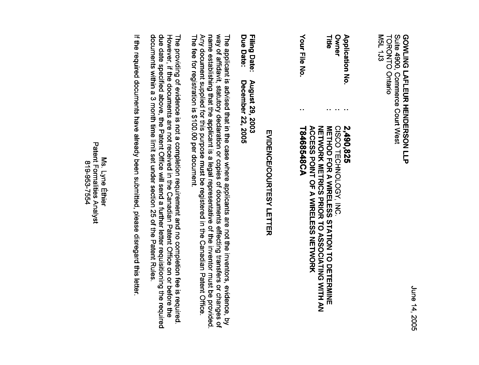 Canadian Patent Document 2490825. Correspondence 20050609. Image 1 of 1