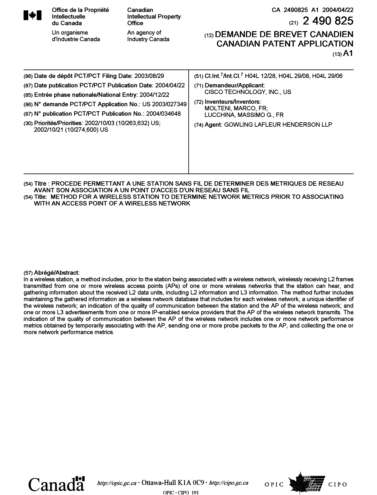 Document de brevet canadien 2490825. Page couverture 20050614. Image 1 de 1