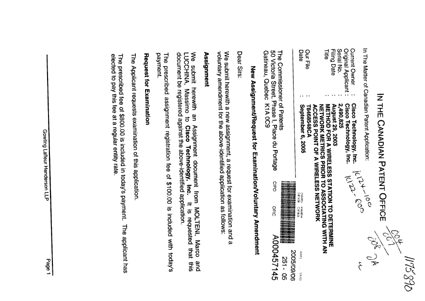 Document de brevet canadien 2490825. Cession 20050906. Image 1 de 7