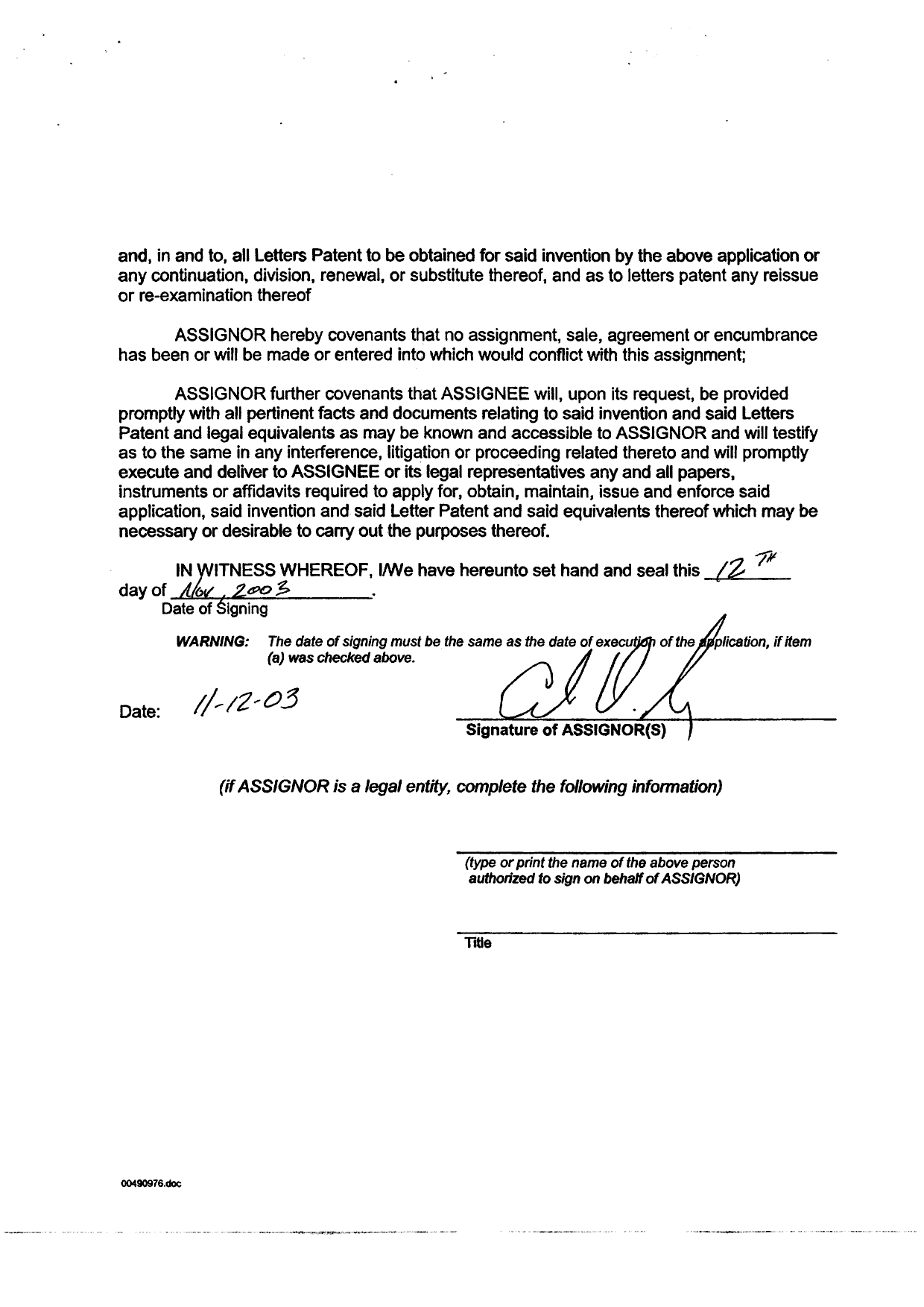 Document de brevet canadien 2490852. Cession 20050520. Image 13 de 13
