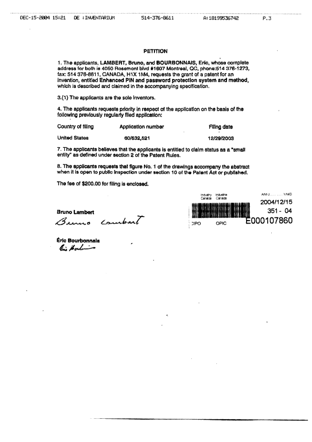 Document de brevet canadien 2490873. Cession 20041215. Image 2 de 2