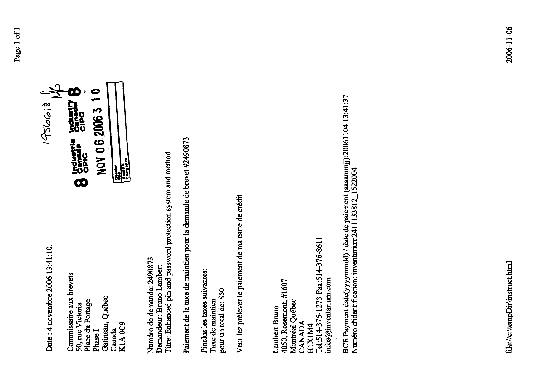 Document de brevet canadien 2490873. Taxes 20051206. Image 1 de 1