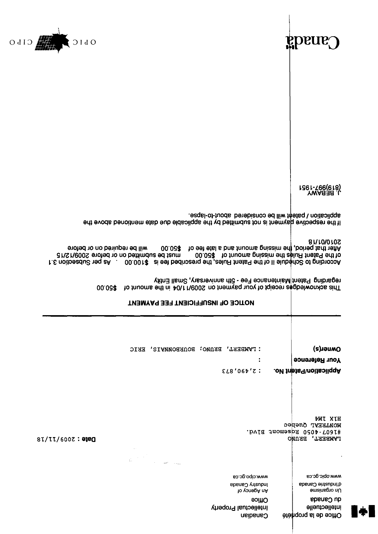 Document de brevet canadien 2490873. Taxes 20081204. Image 2 de 2