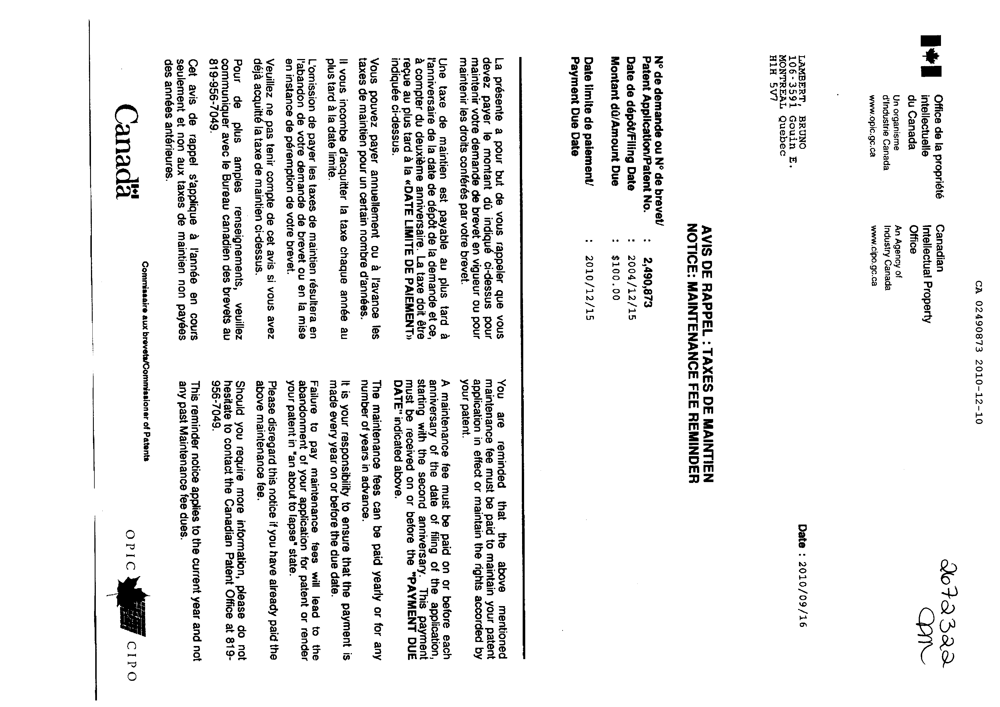Canadian Patent Document 2490873. Fees 20091210. Image 2 of 2