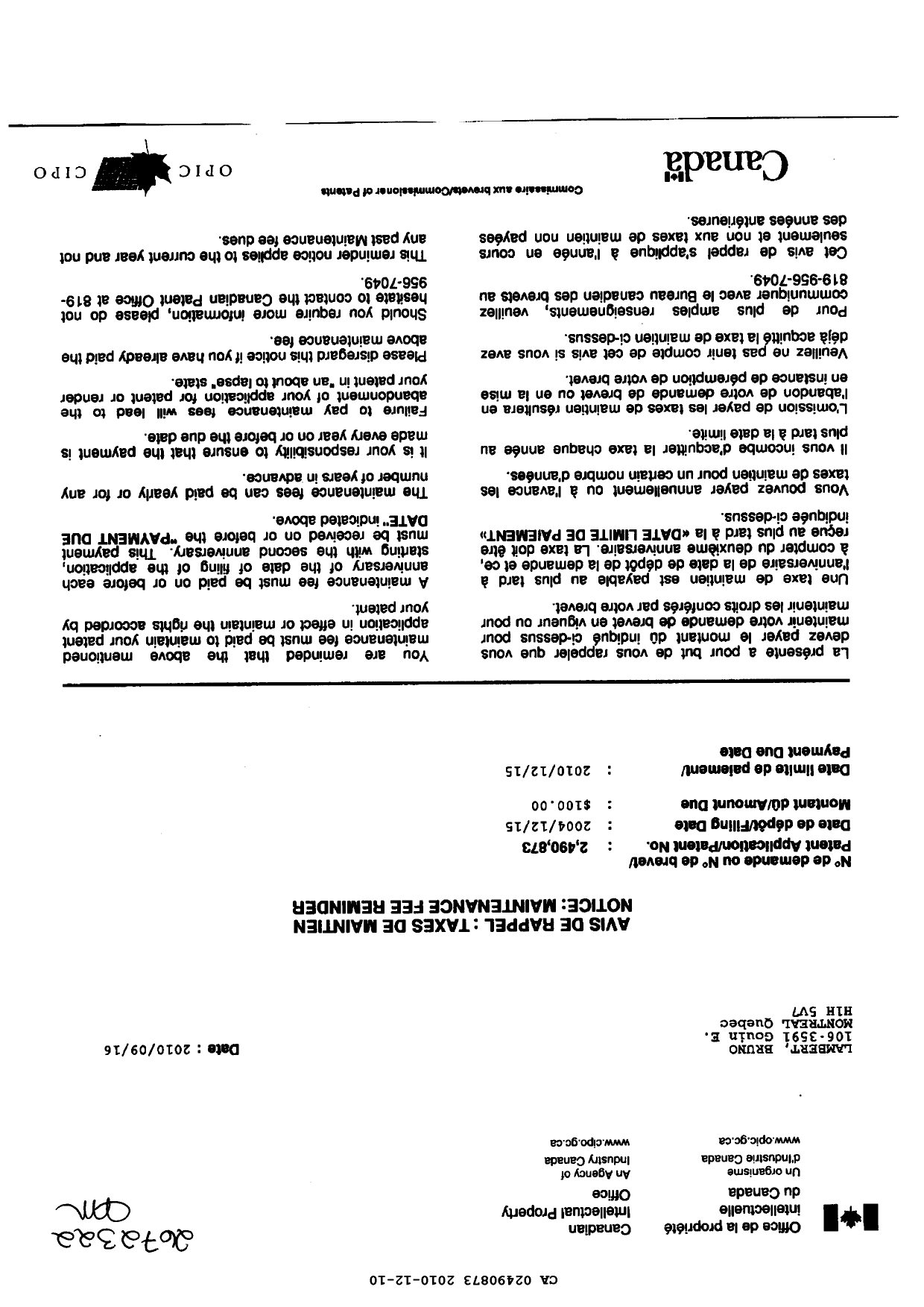 Document de brevet canadien 2490873. Taxes 20091210. Image 2 de 2