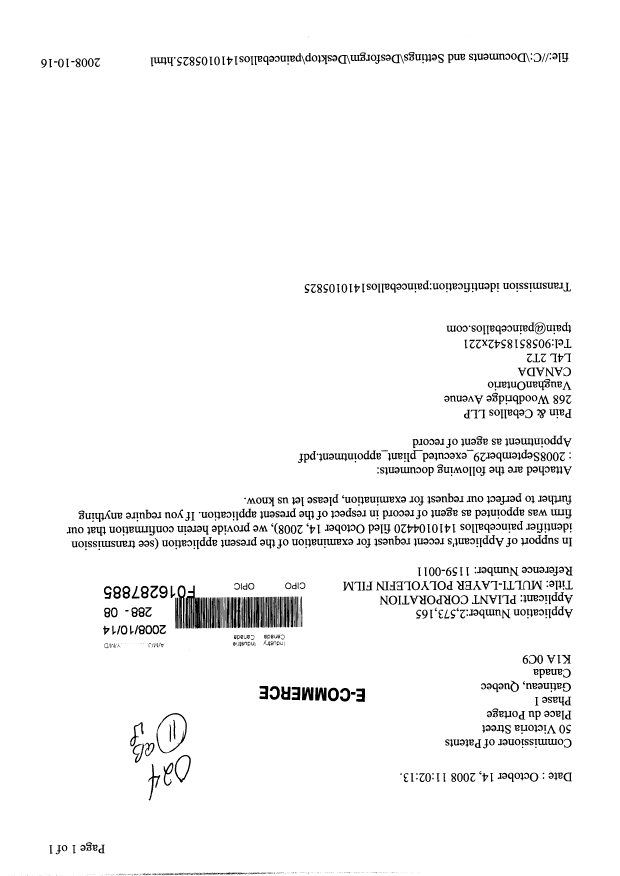 Canadian Patent Document 2490889. Correspondence 20081014. Image 1 of 3