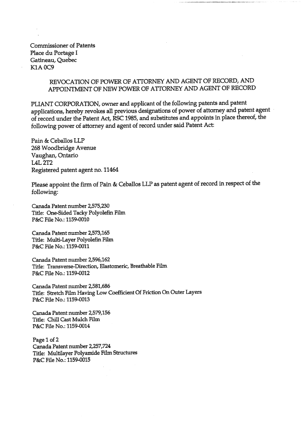 Document de brevet canadien 2490889. Correspondance 20081014. Image 2 de 3