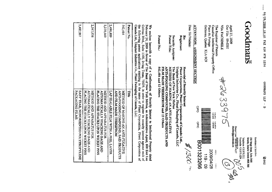 Document de brevet canadien 2490889. Cession 20090428. Image 1 de 8