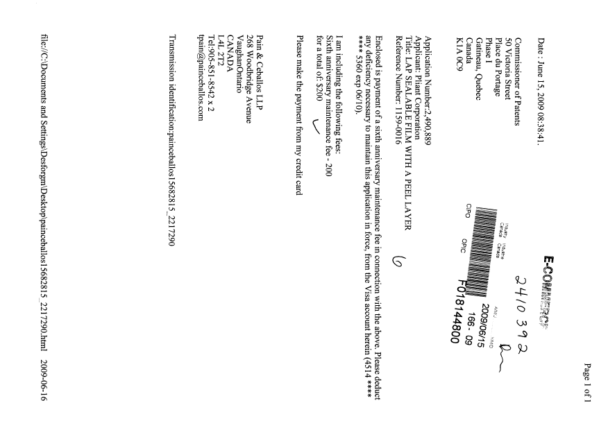 Document de brevet canadien 2490889. Taxes 20090615. Image 1 de 1