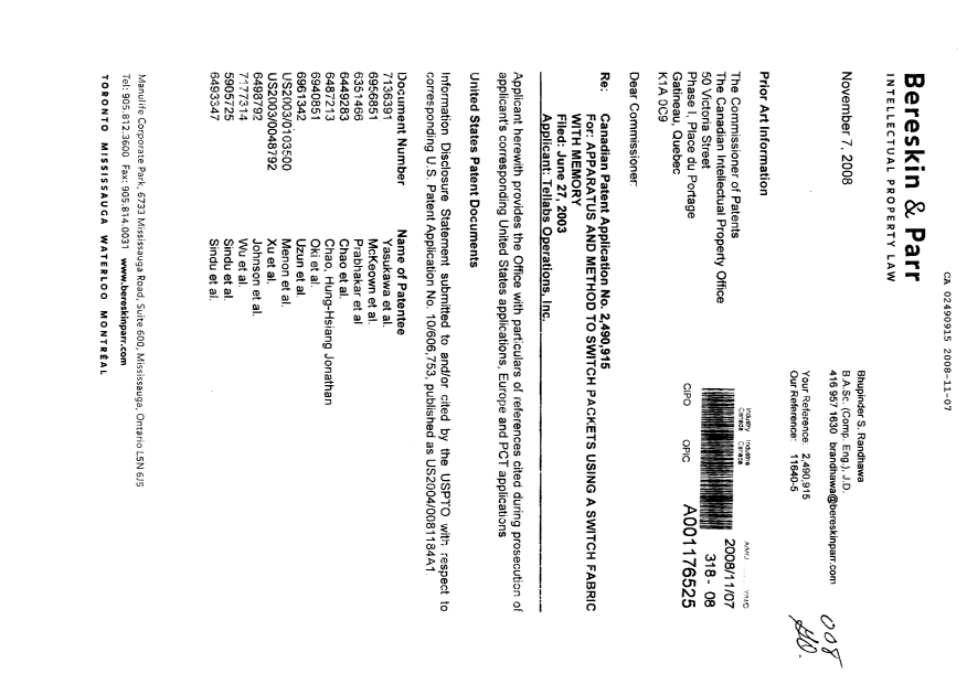 Document de brevet canadien 2490915. Poursuite-Amendment 20071207. Image 1 de 2