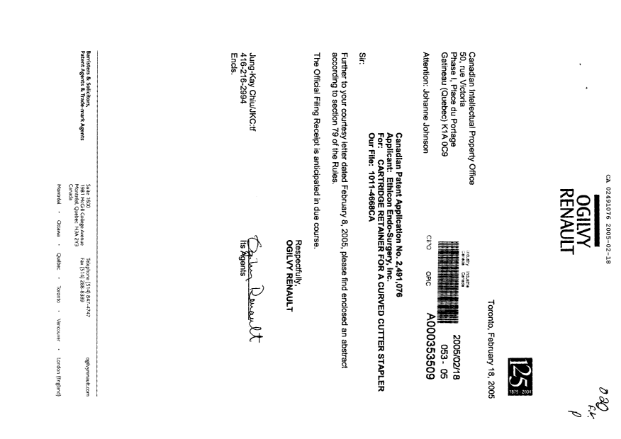 Document de brevet canadien 2491076. Correspondance 20050218. Image 1 de 2