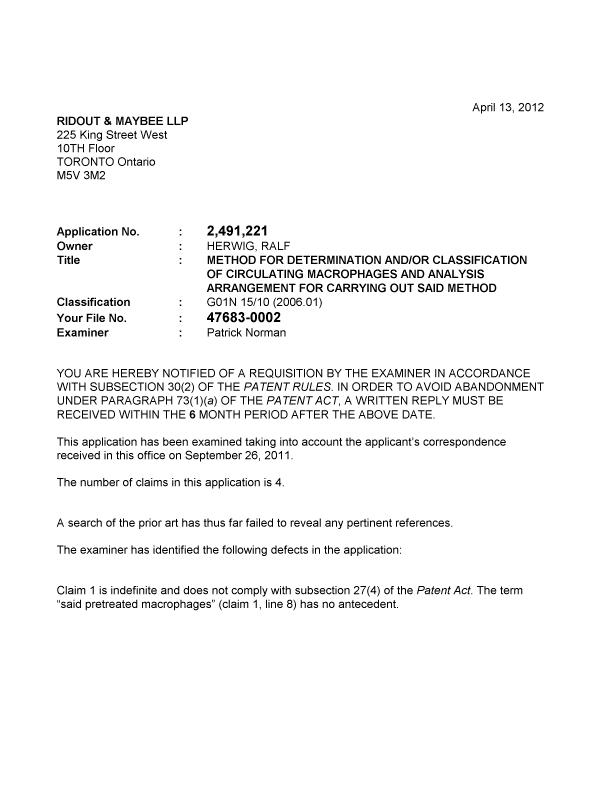 Document de brevet canadien 2491221. Poursuite-Amendment 20120413. Image 1 de 2