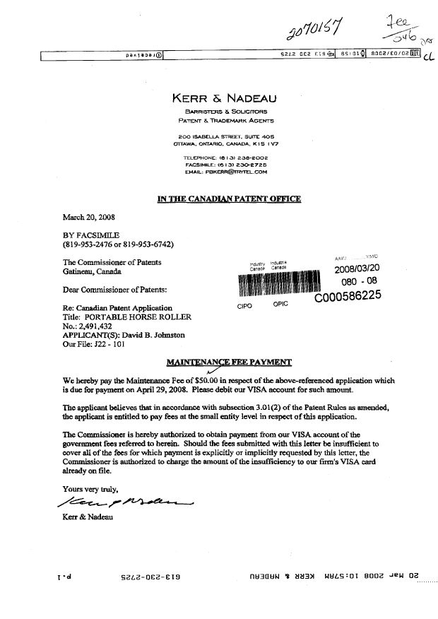 Canadian Patent Document 2491432. Fees 20080320. Image 1 of 1