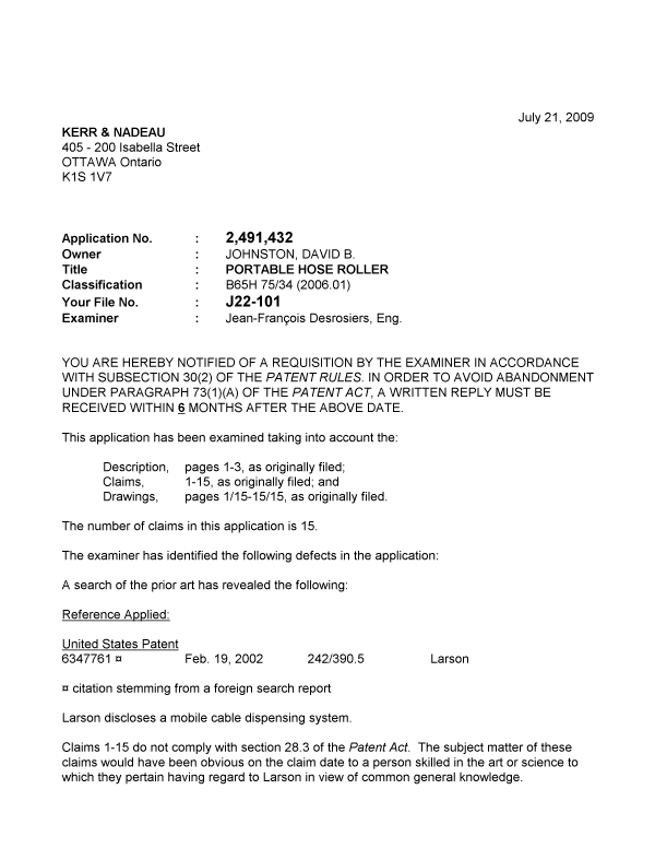 Canadian Patent Document 2491432. Prosecution-Amendment 20090721. Image 1 of 2