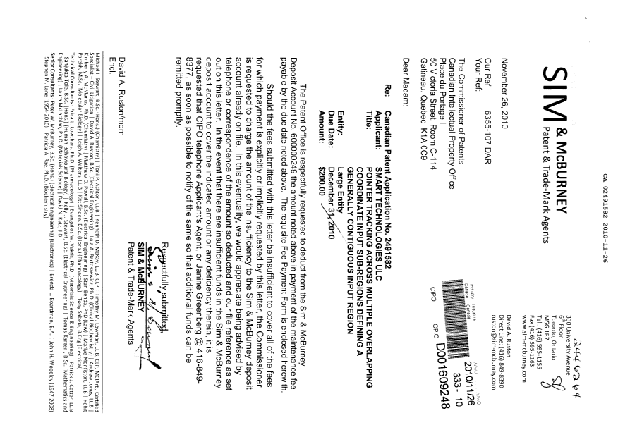 Document de brevet canadien 2491582. Taxes 20101126. Image 1 de 1