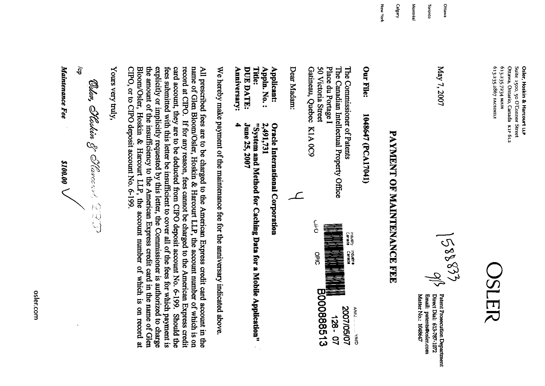 Document de brevet canadien 2491731. Taxes 20061207. Image 1 de 1