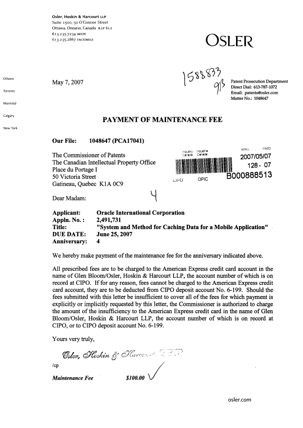 Canadian Patent Document 2491731. Fees 20070507. Image 1 of 1