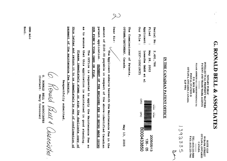 Document de brevet canadien 2491786. Taxes 20050513. Image 1 de 1
