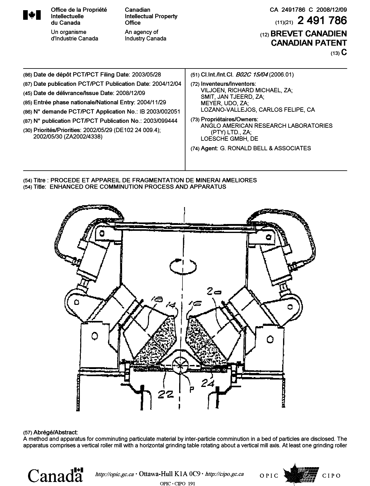 Document de brevet canadien 2491786. Page couverture 20081121. Image 1 de 2