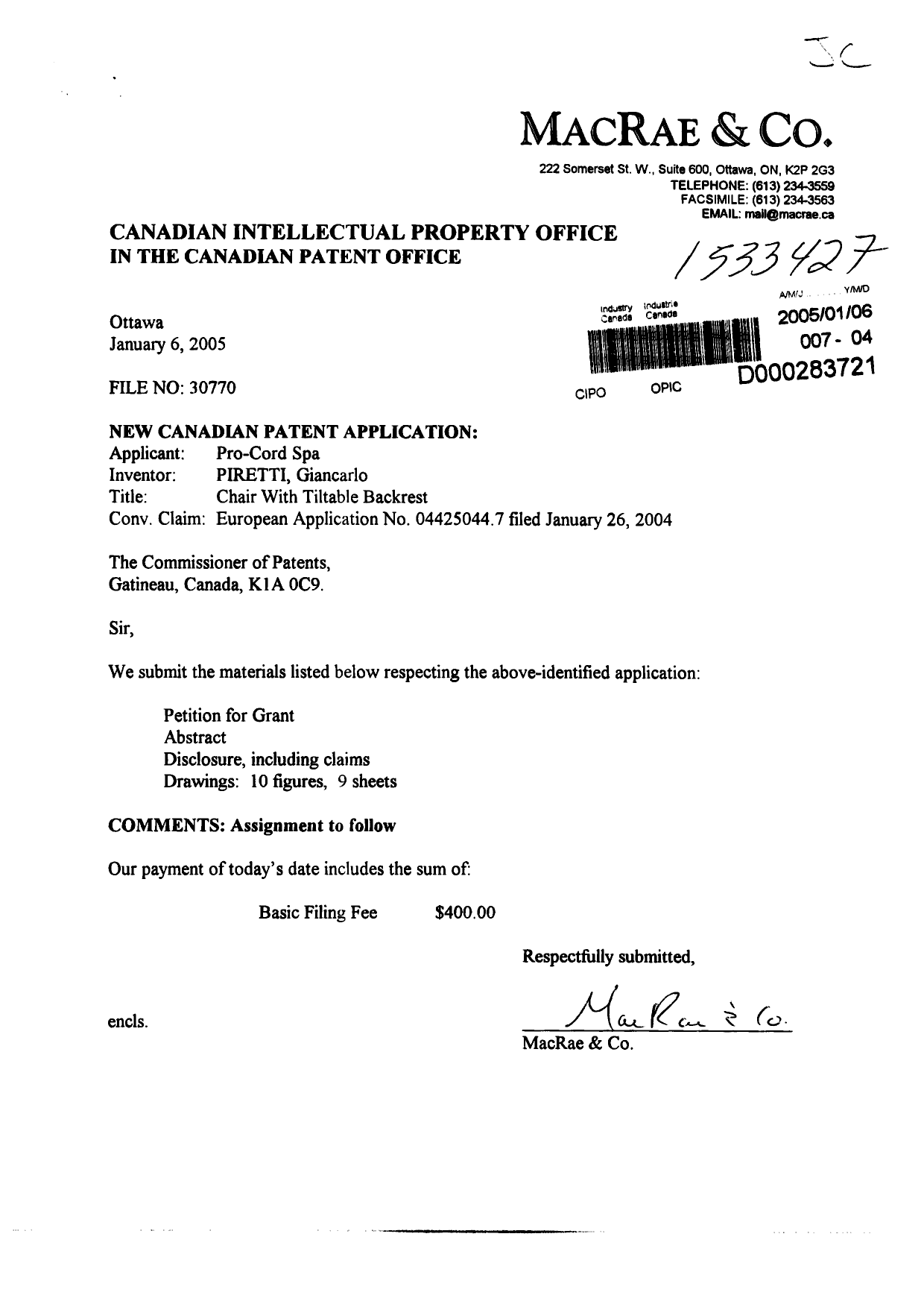 Canadian Patent Document 2491841. Assignment 20050106. Image 1 of 2