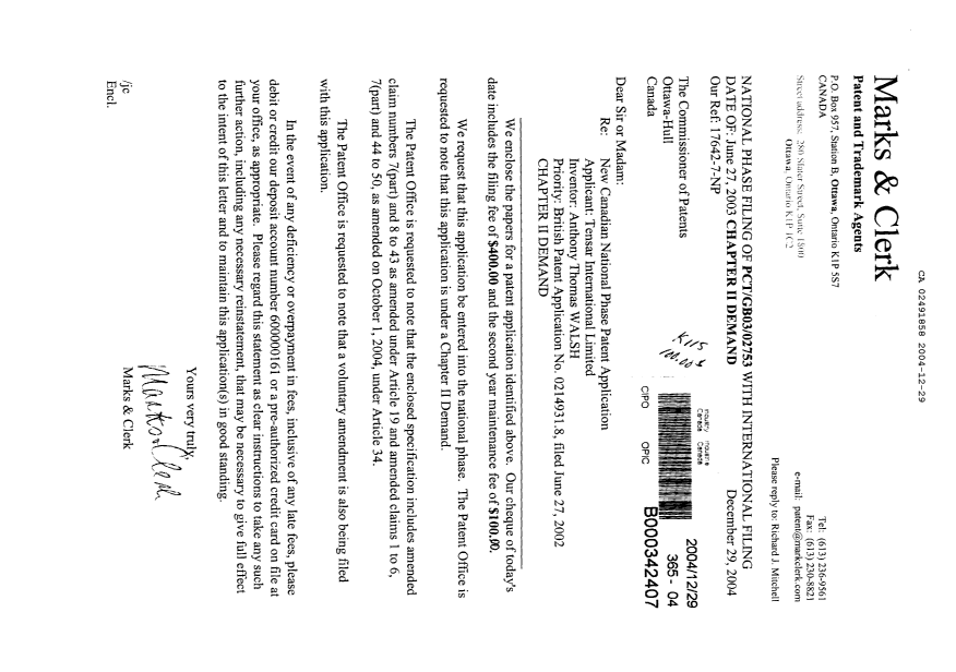 Document de brevet canadien 2491858. Cession 20041229. Image 1 de 2