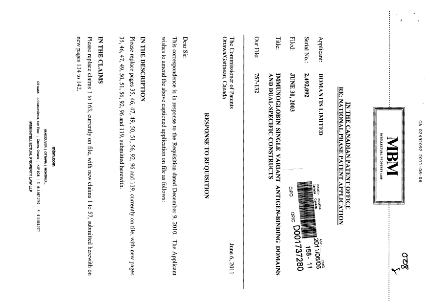 Document de brevet canadien 2492092. Poursuite-Amendment 20101206. Image 1 de 31