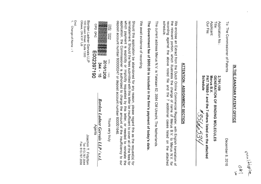 Document de brevet canadien 2492377. Cession 20161208. Image 1 de 6