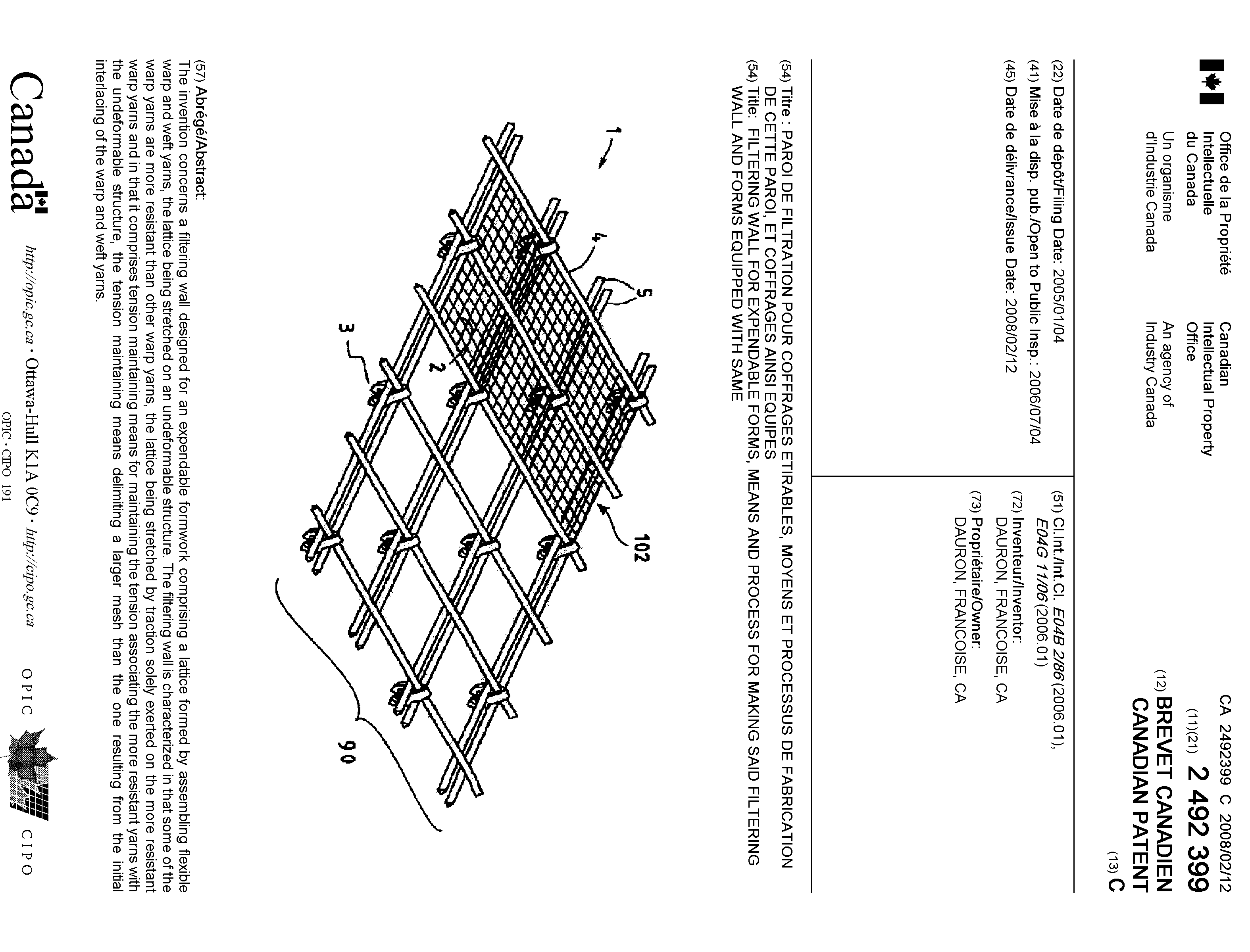 Document de brevet canadien 2492399. Page couverture 20071228. Image 1 de 1