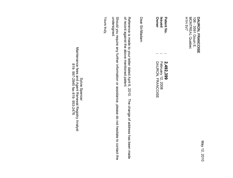 Document de brevet canadien 2492399. Correspondance 20100512. Image 1 de 1