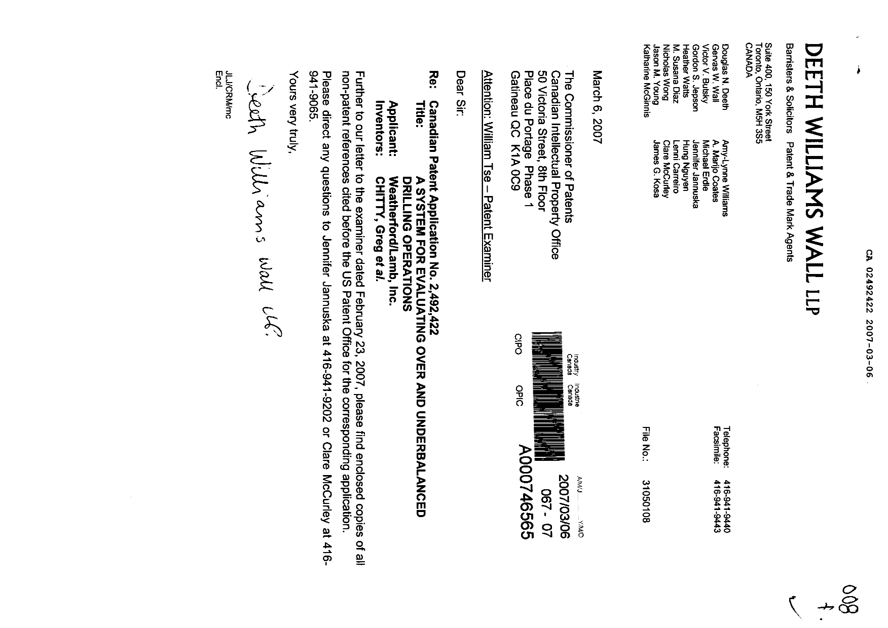 Canadian Patent Document 2492422. Prosecution-Amendment 20070306. Image 1 of 4