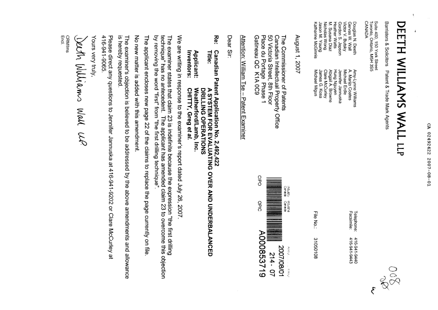 Document de brevet canadien 2492422. Poursuite-Amendment 20070801. Image 1 de 2