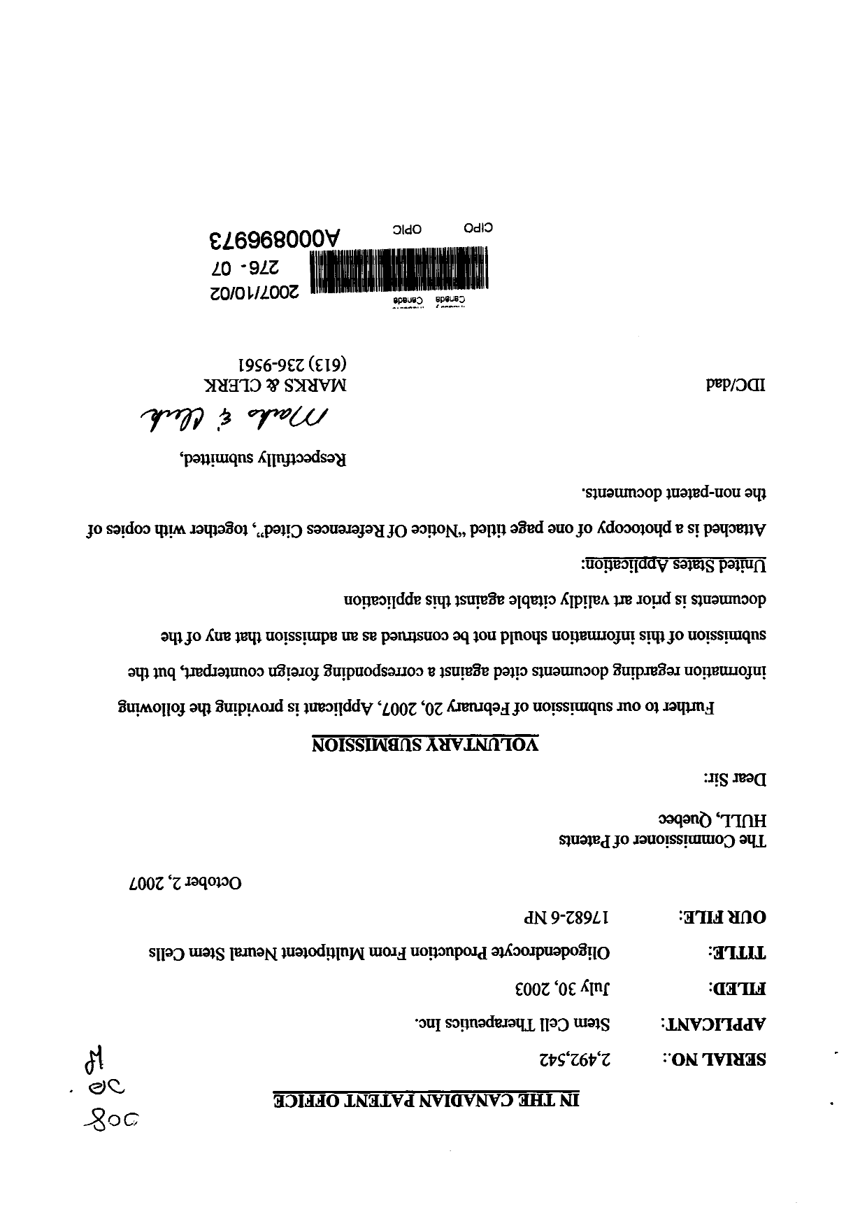 Canadian Patent Document 2492542. Prosecution-Amendment 20061202. Image 1 of 1