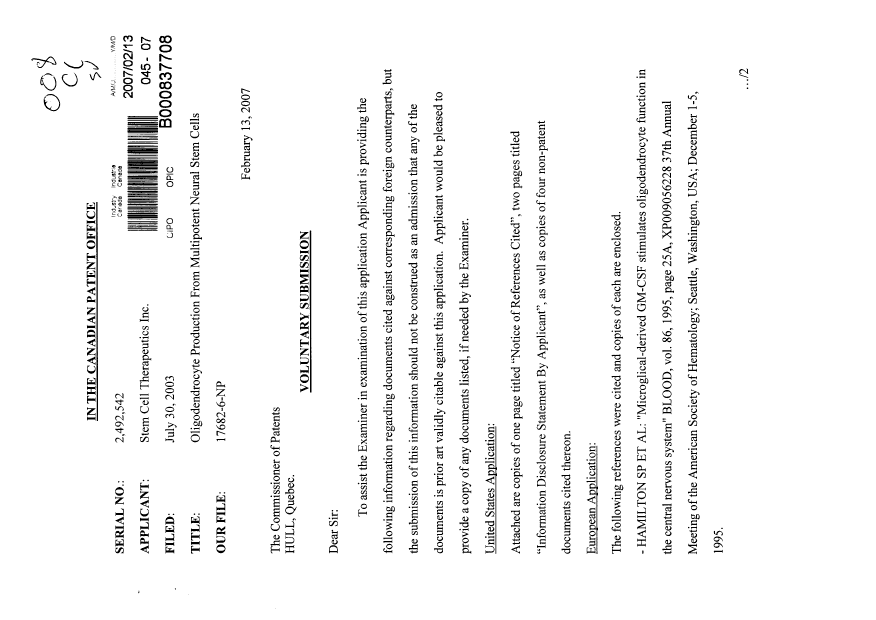 Canadian Patent Document 2492542. Prosecution-Amendment 20061213. Image 1 of 2