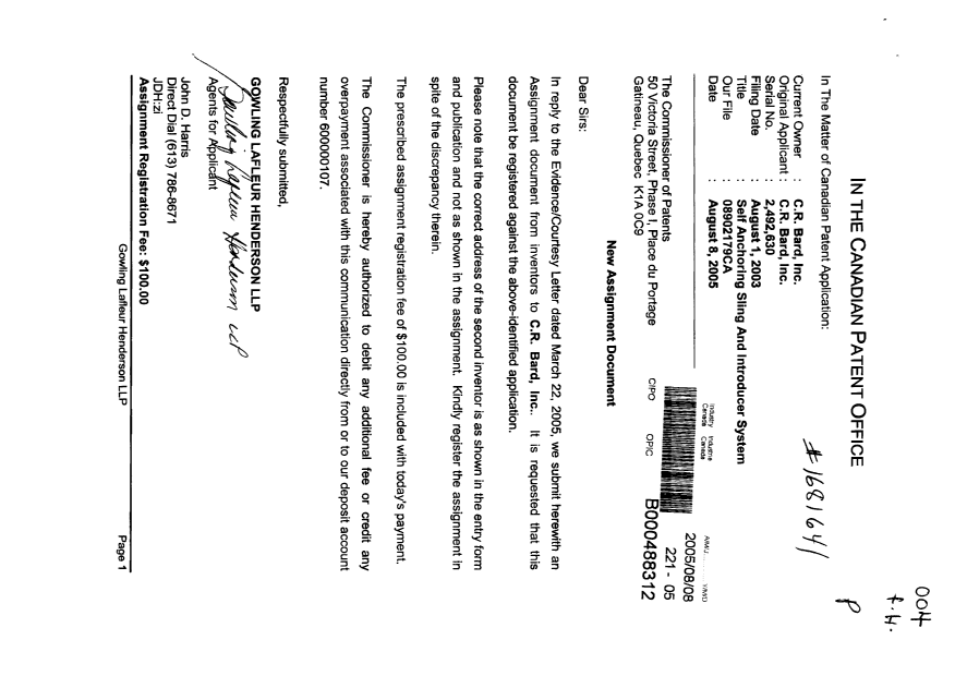 Document de brevet canadien 2492630. Cession 20050808. Image 1 de 4