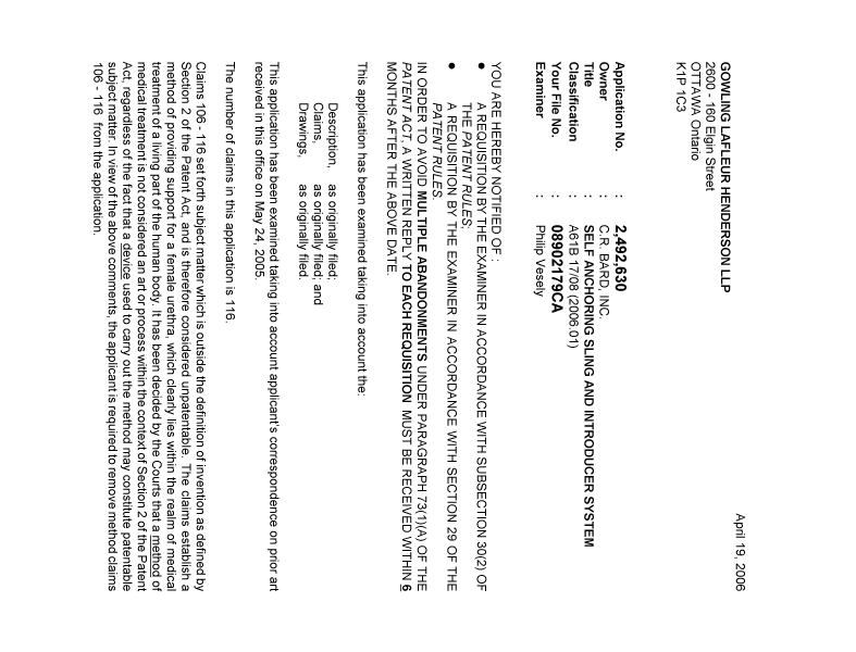 Canadian Patent Document 2492630. Prosecution-Amendment 20060419. Image 1 of 3