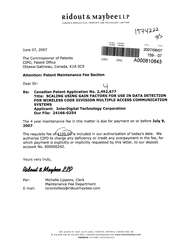 Document de brevet canadien 2492677. Taxes 20070607. Image 1 de 1