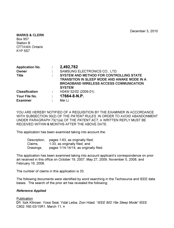 Canadian Patent Document 2492782. Prosecution-Amendment 20101203. Image 1 of 3
