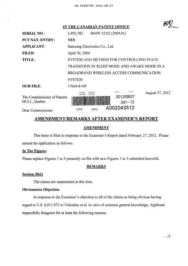 Canadian Patent Document 2492782. Prosecution-Amendment 20120827. Image 1 of 10