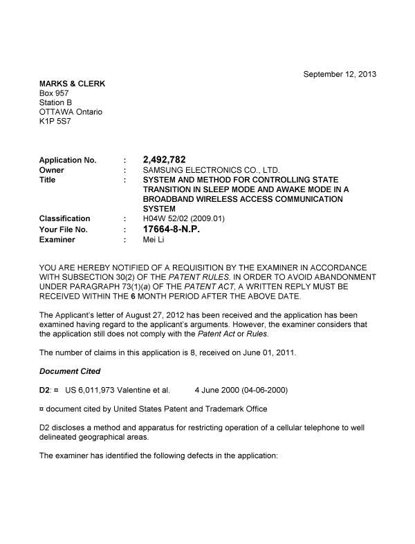 Canadian Patent Document 2492782. Prosecution-Amendment 20130912. Image 1 of 4