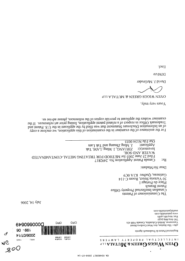 Canadian Patent Document 2492817. Prosecution-Amendment 20060714. Image 1 of 1