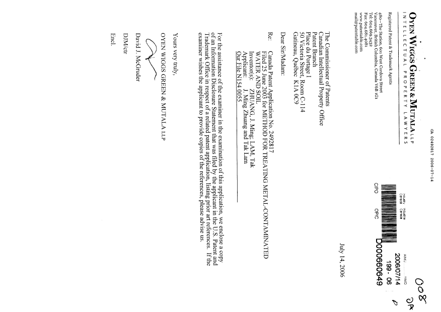 Document de brevet canadien 2492817. Poursuite-Amendment 20060714. Image 1 de 1